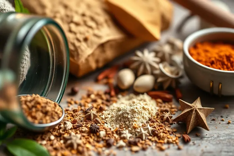 Verschiedene Gewürzgläser mit Gewürzpulver und ein kleiner Holzlöffel auf einer Küchenarbeitsfläche