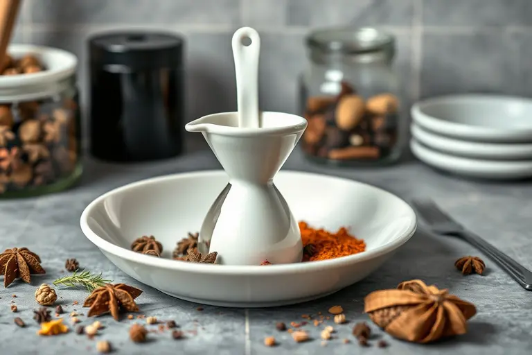 Verschiedene Streueinsätze, ein kleiner Edelstahl-Abfülltrichter und schmale Dosierlöffel neben Gewürzgläsern auf einer Küchenarbeitsplatte