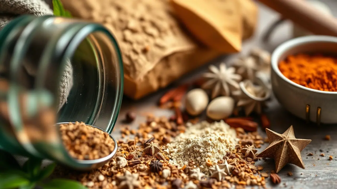Verschiedene Gewürzgläser mit Gewürzpulver und ein kleiner Holzlöffel auf einer Küchenarbeitsfläche