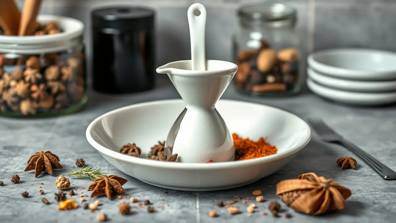 Verschiedene Streueinsätze, ein kleiner Edelstahl-Abfülltrichter und schmale Dosierlöffel neben Gewürzgläsern auf einer Küchenarbeitsplatte